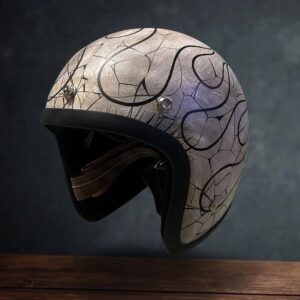 Slimhead TX 500 Japanese Custom Distressed Silver Crackle Pattern with Black Kustom Flame Helmet